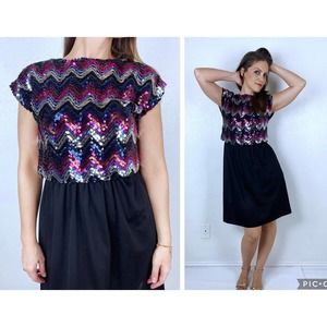 vintage 80s Midnights CHEVRON SEQUIN Disco DRESS Small/6 party petite zig zag